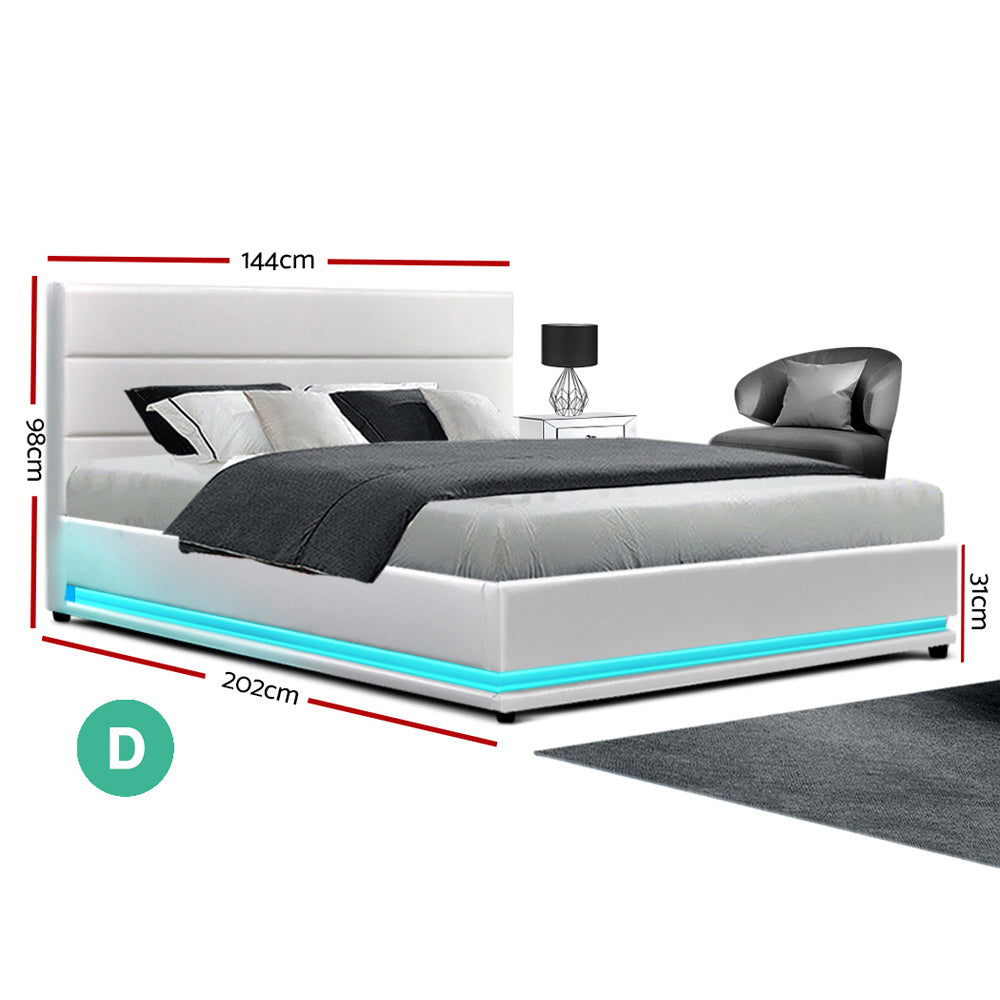 Artiss Bed Frame Double Size LED Gas Lift White LUMI BFRAME-E-LUMI-D-WH-ABC