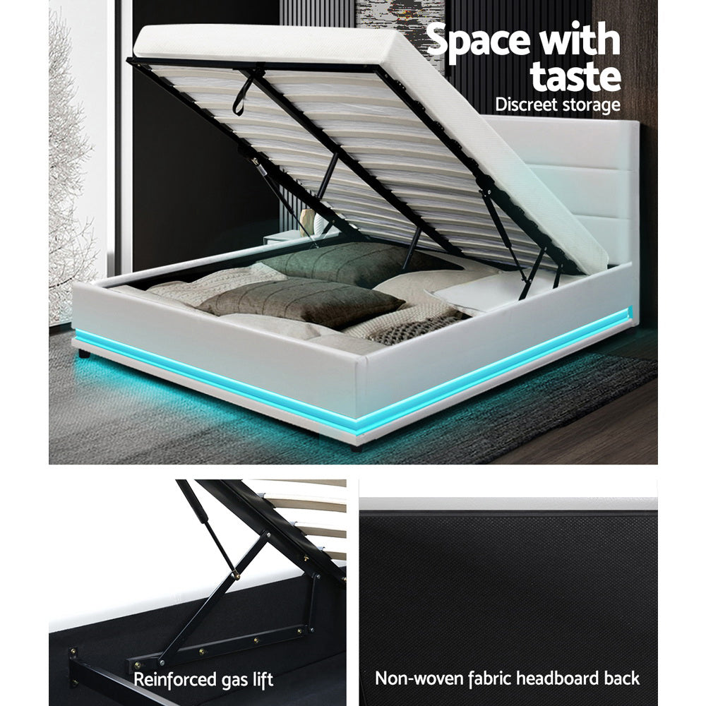 Artiss Bed Frame Double Size LED Gas Lift White LUMI BFRAME-E-LUMI-D-WH-ABC