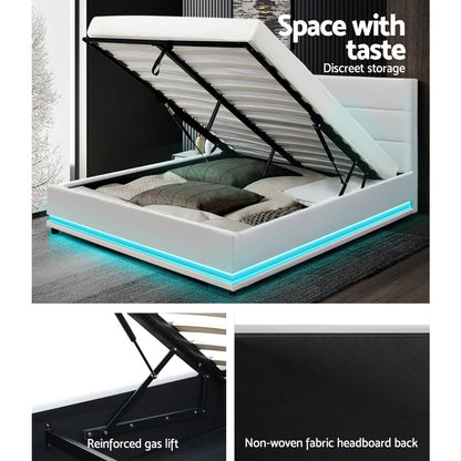 Artiss Bed Frame Double Size LED Gas Lift White LUMI BFRAME-E-LUMI-D-WH-ABC