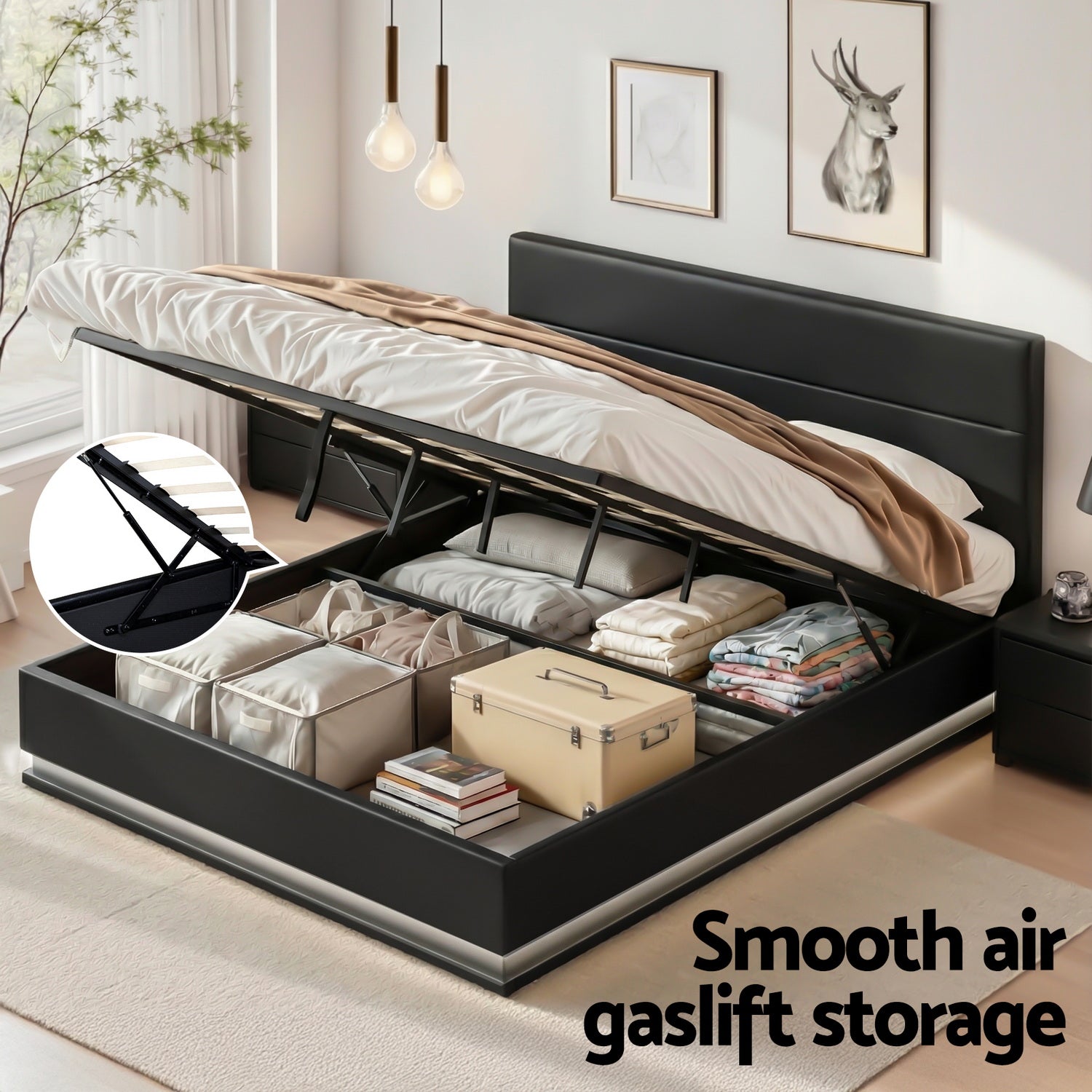 Artiss Bed Frame King Size LED Gas Lift Black LUMI BFRAME-E-LUMI-K-BK-ABC