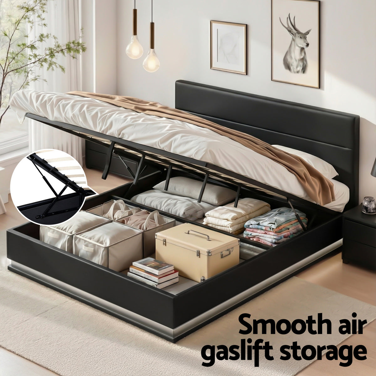 Artiss Bed Frame King Size LED Gas Lift Black LUMI BFRAME-E-LUMI-K-BK-ABC