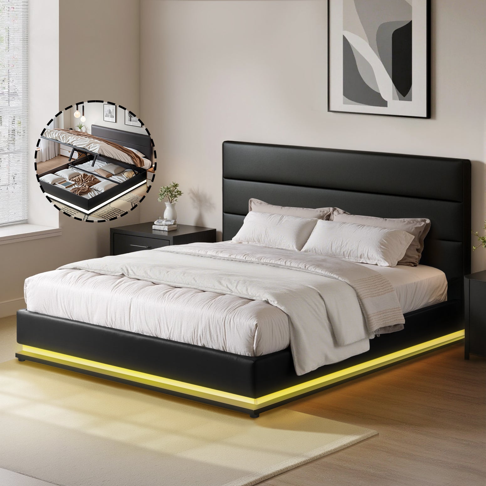 Artiss Bed Frame Queen Size LED Gas Lift Black LUMI BFRAME-E-LUMI-Q-BK-ABC