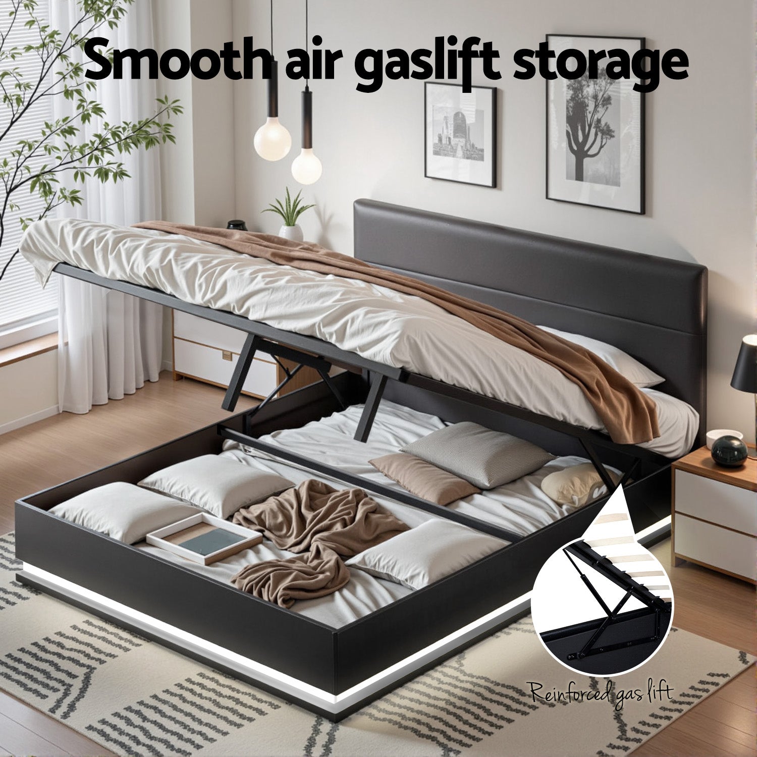 Artiss Bed Frame Queen Size LED Gas Lift Black LUMI BFRAME-E-LUMI-Q-BK-ABC