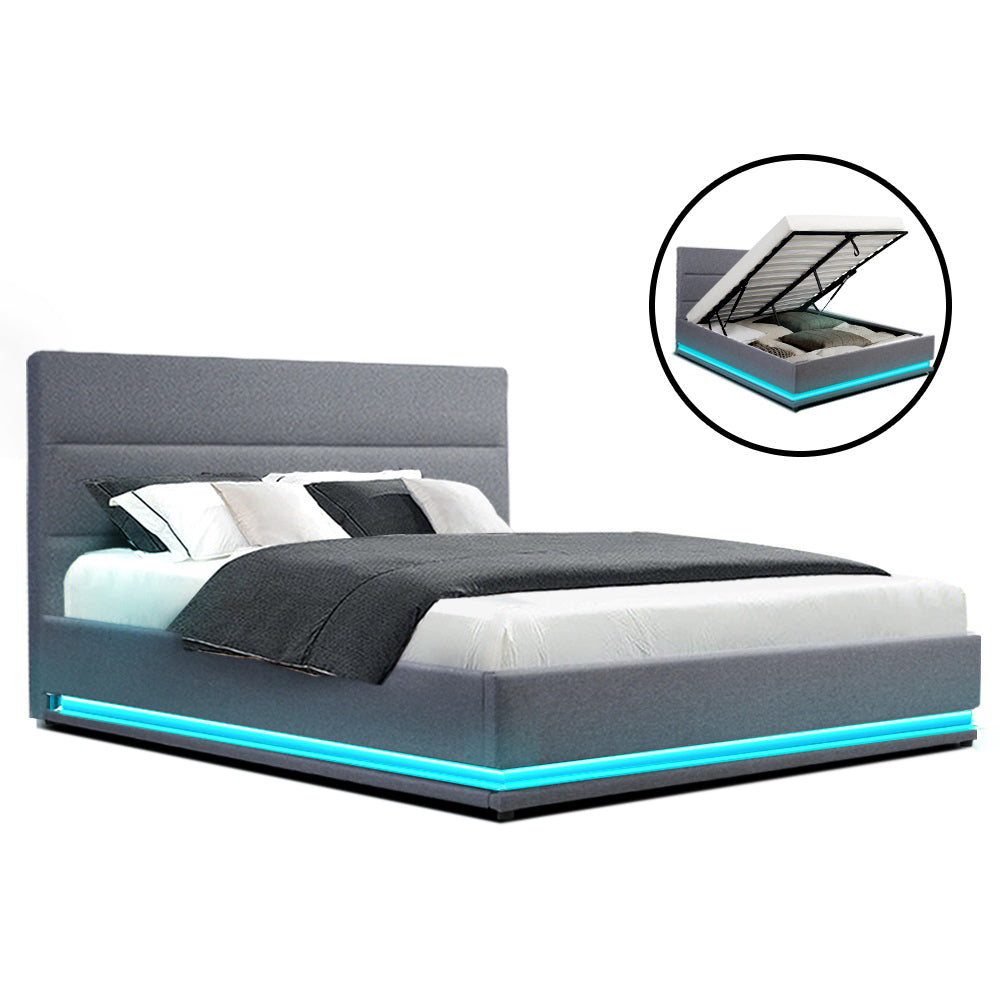 Artiss Bed Frame Queen Size LED Gas Lift Grey LUMI BFRAME-E-LUMI-Q-GY-ABC