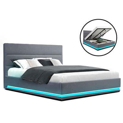 Artiss Bed Frame Queen Size LED Gas Lift Grey LUMI BFRAME-E-LUMI-Q-GY-ABC