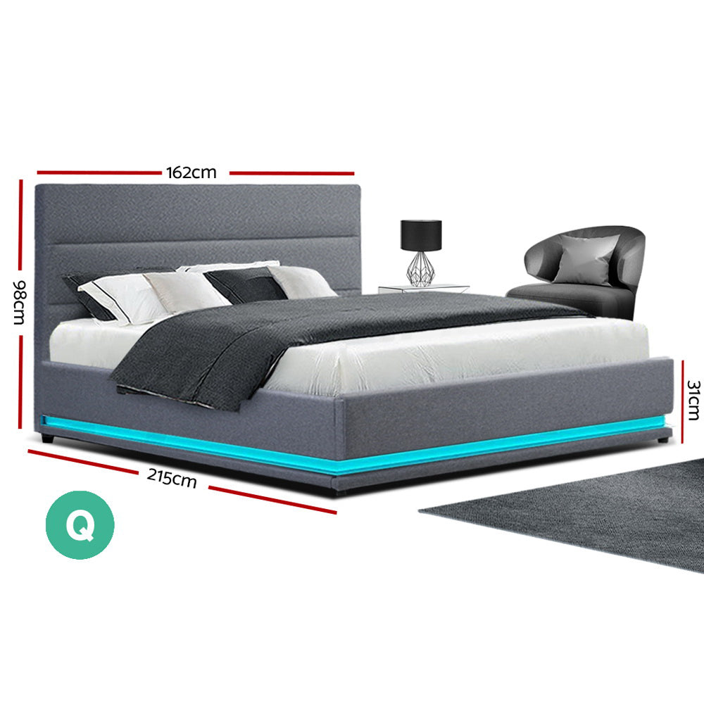 Artiss Bed Frame Queen Size LED Gas Lift Grey LUMI BFRAME-E-LUMI-Q-GY-ABC