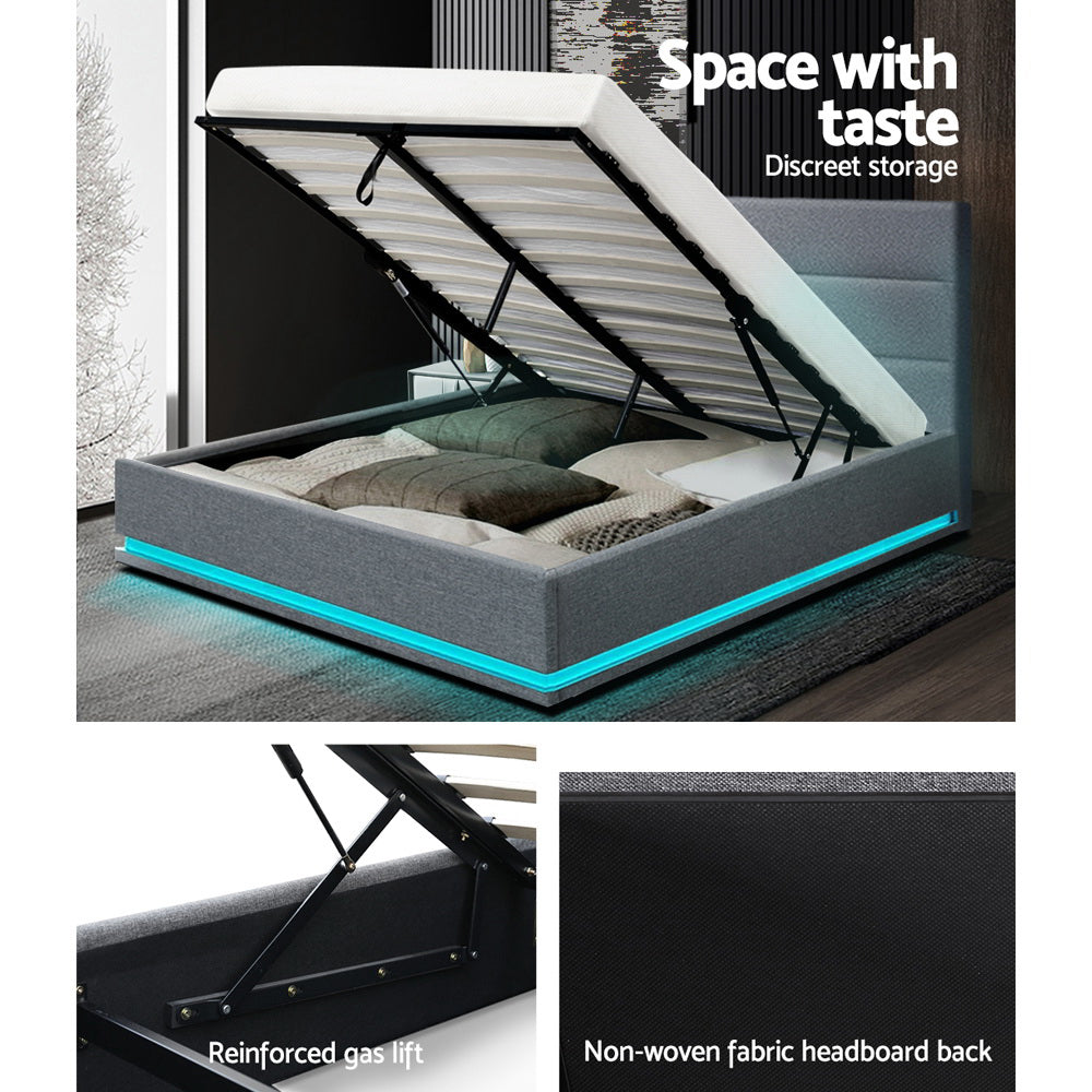 Artiss Bed Frame Queen Size LED Gas Lift Grey LUMI BFRAME-E-LUMI-Q-GY-ABC