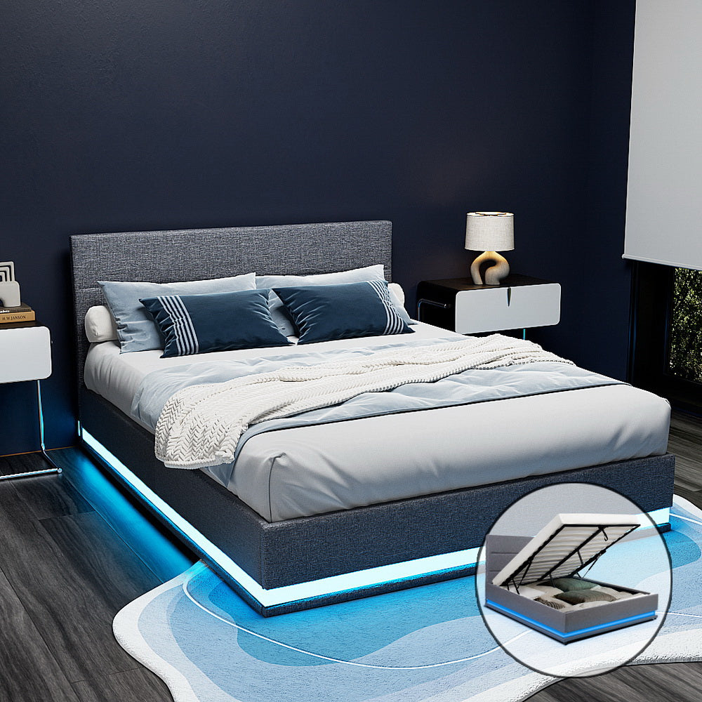 Artiss Bed Frame Queen Size LED Gas Lift Grey LUMI BFRAME-E-LUMI-Q-GY-ABC