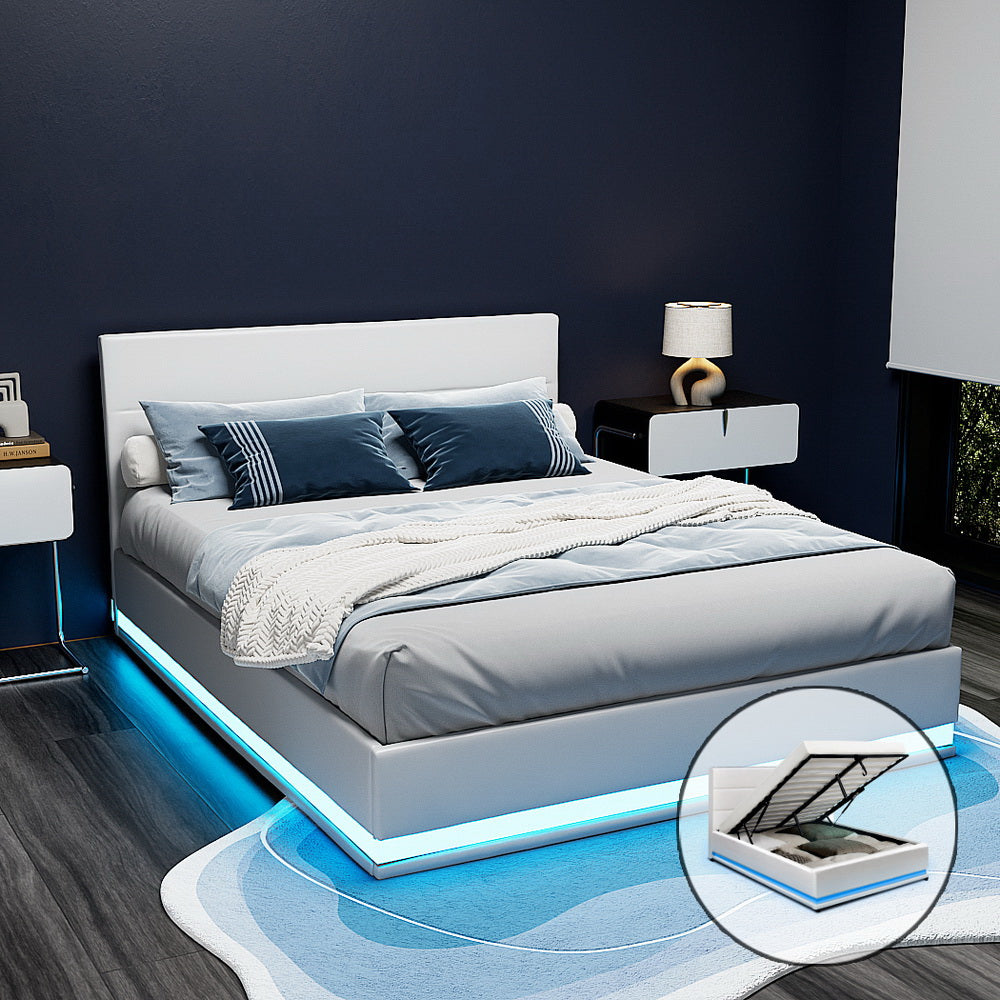 Artiss Bed Frame Queen Size LED Gas Lift White LUMI BFRAME-E-LUMI-Q-WH-ABC