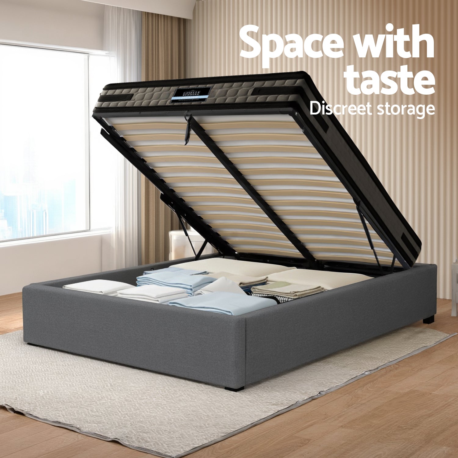 Artiss Bed Frame with 36cm Giselle Mattress Set King Single Gas Lift Base Grey BFRAME-E-TOKI-HOTEL-KS
