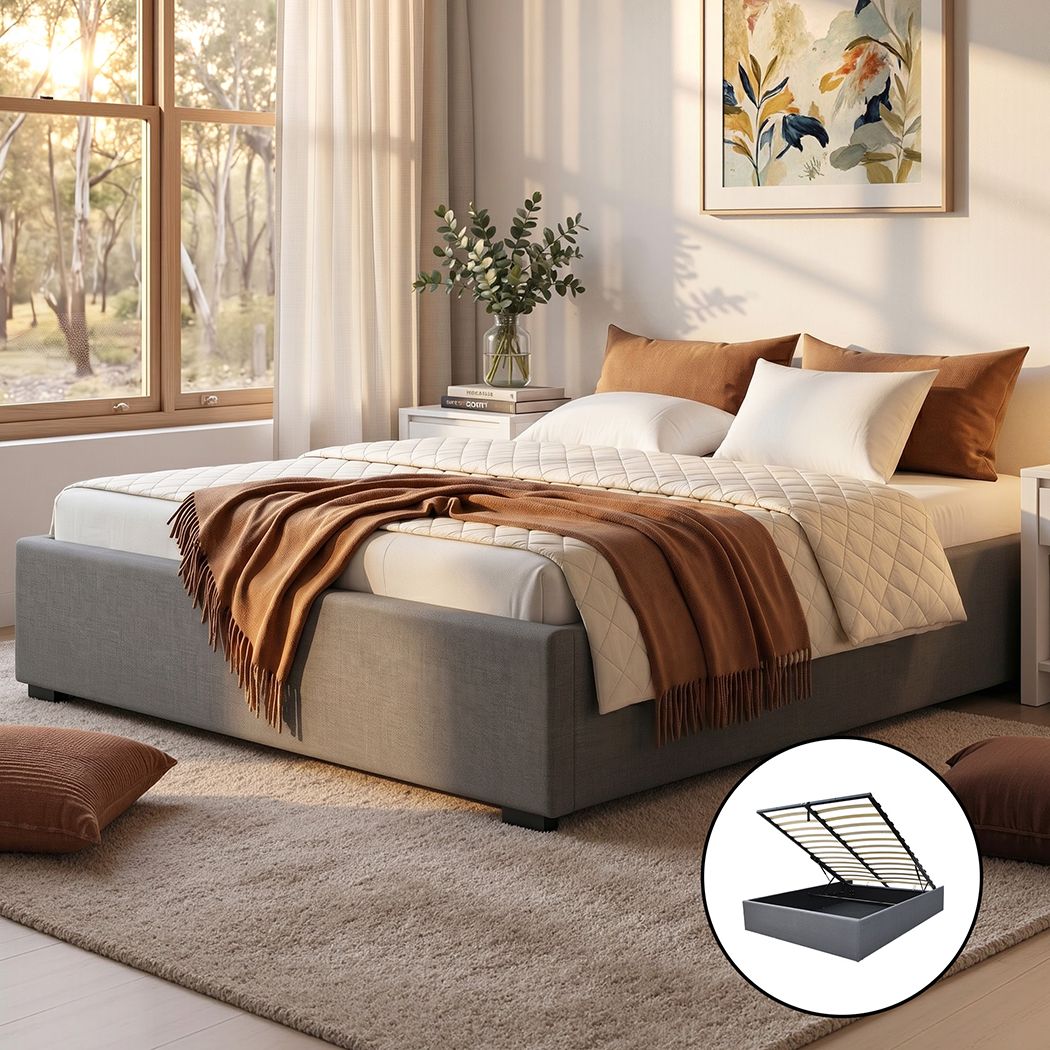 Artiss Bed Frame Queen Size Gas Lift Base Grey TOKI BFRAME-E-TOKI-Q-GY-AB