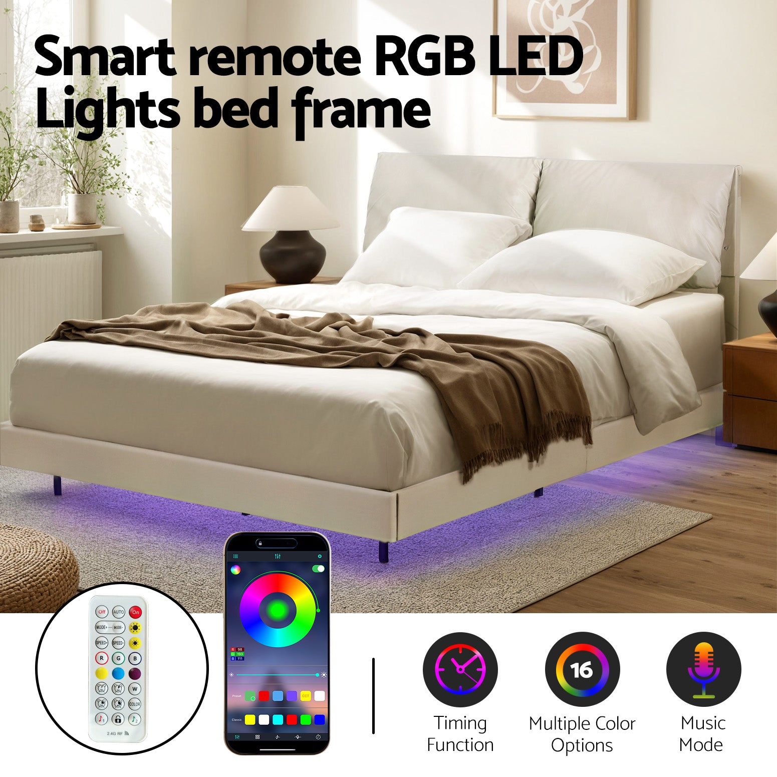 Artiss Double Bed Frame RGB LED Floating Beds Adjustable Headboard Beige White BFRAME-F-DAYLIGHT-D-WH-AB