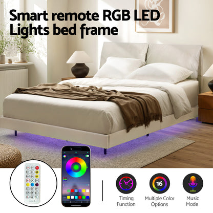 Artiss Double Bed Frame RGB LED Floating Beds Adjustable Headboard Beige White BFRAME-F-DAYLIGHT-D-WH-AB