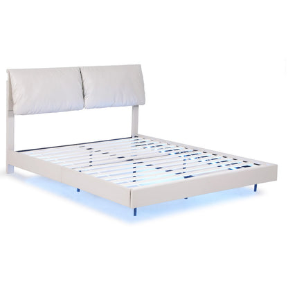 Artiss Queen Bed Frame RGB LED Floating Beds Adjustable Headboard Beige White BFRAME-F-DAYLIGHT-Q-WH-AB