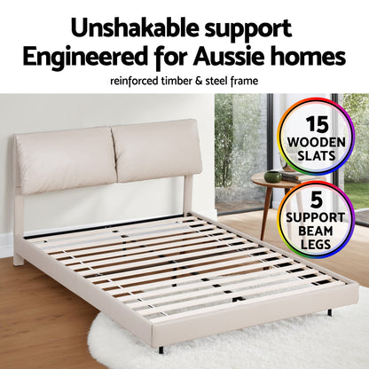 Artiss Queen Bed Frame RGB LED Floating Beds Adjustable Headboard Beige White BFRAME-F-DAYLIGHT-Q-WH-AB