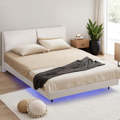 Artiss Queen Bed Frame RGB LED Floating Beds Adjustable Headboard Beige White BFRAME-F-DAYLIGHT-Q-WH-AB
