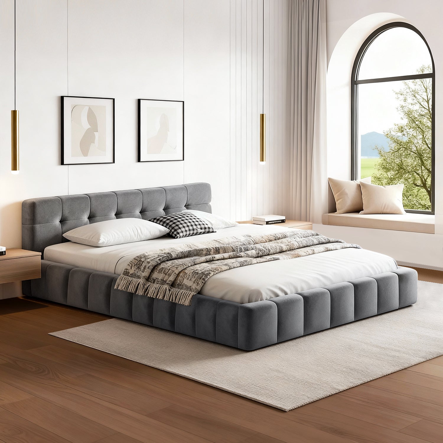 Artiss Double Size Bed Frame Plush Soft Headboard Velvet Platform Base for Modern Bedrooms Grey BFRAME-F-HAVEN-D-GY-AB