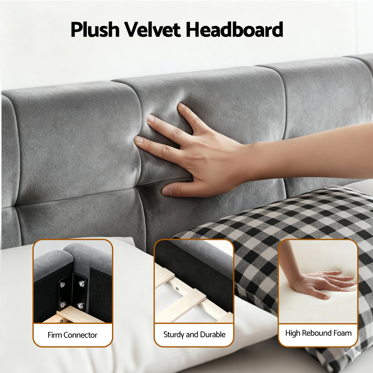 Artiss King Size Bed Frame Plush Soft Headboard Velvet Platform Base for Modern Bedrooms Grey