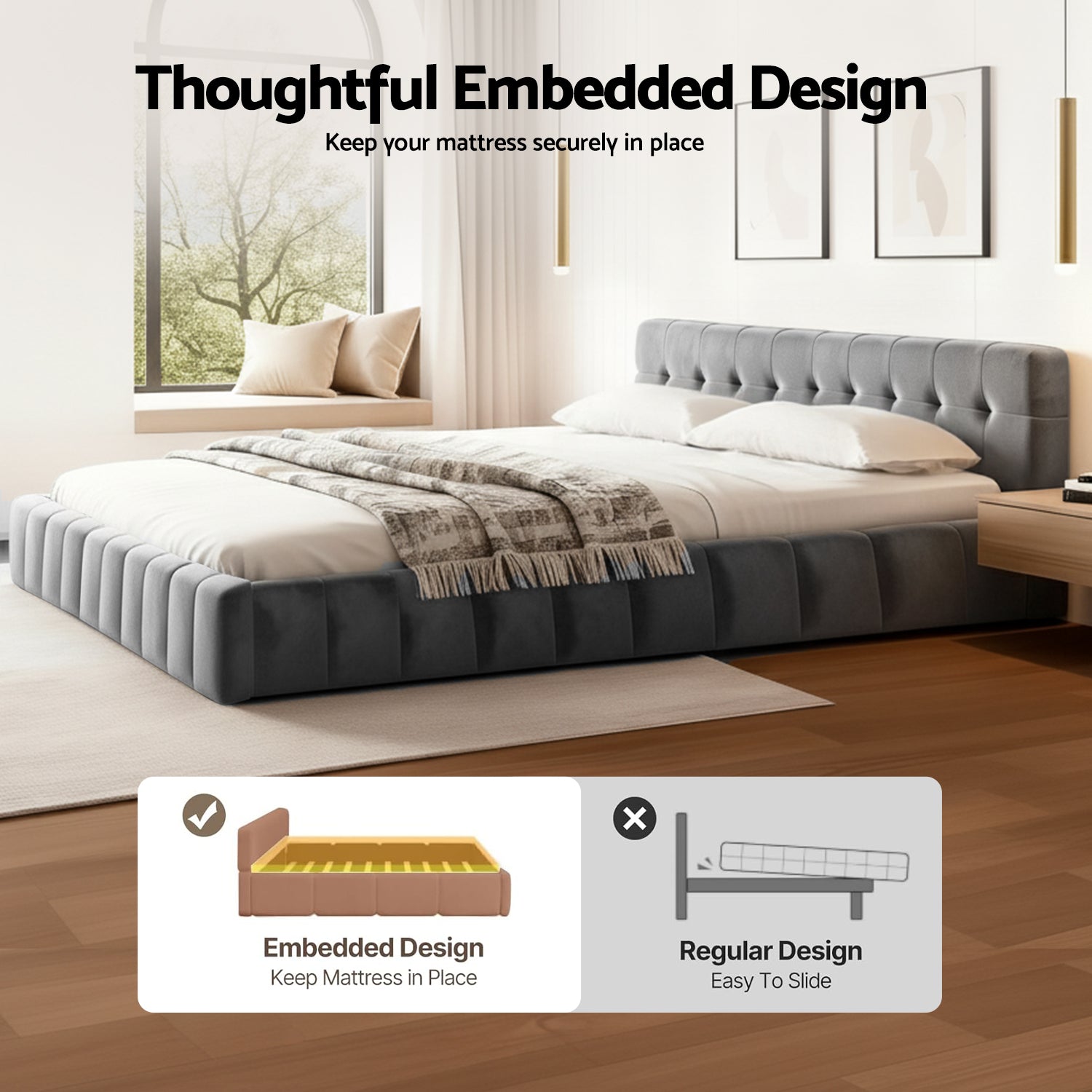 Artiss King Size Bed Frame Plush Soft Headboard Velvet Platform Base for Modern Bedrooms Grey BFRAME-F-HAVEN-K-GY-AB