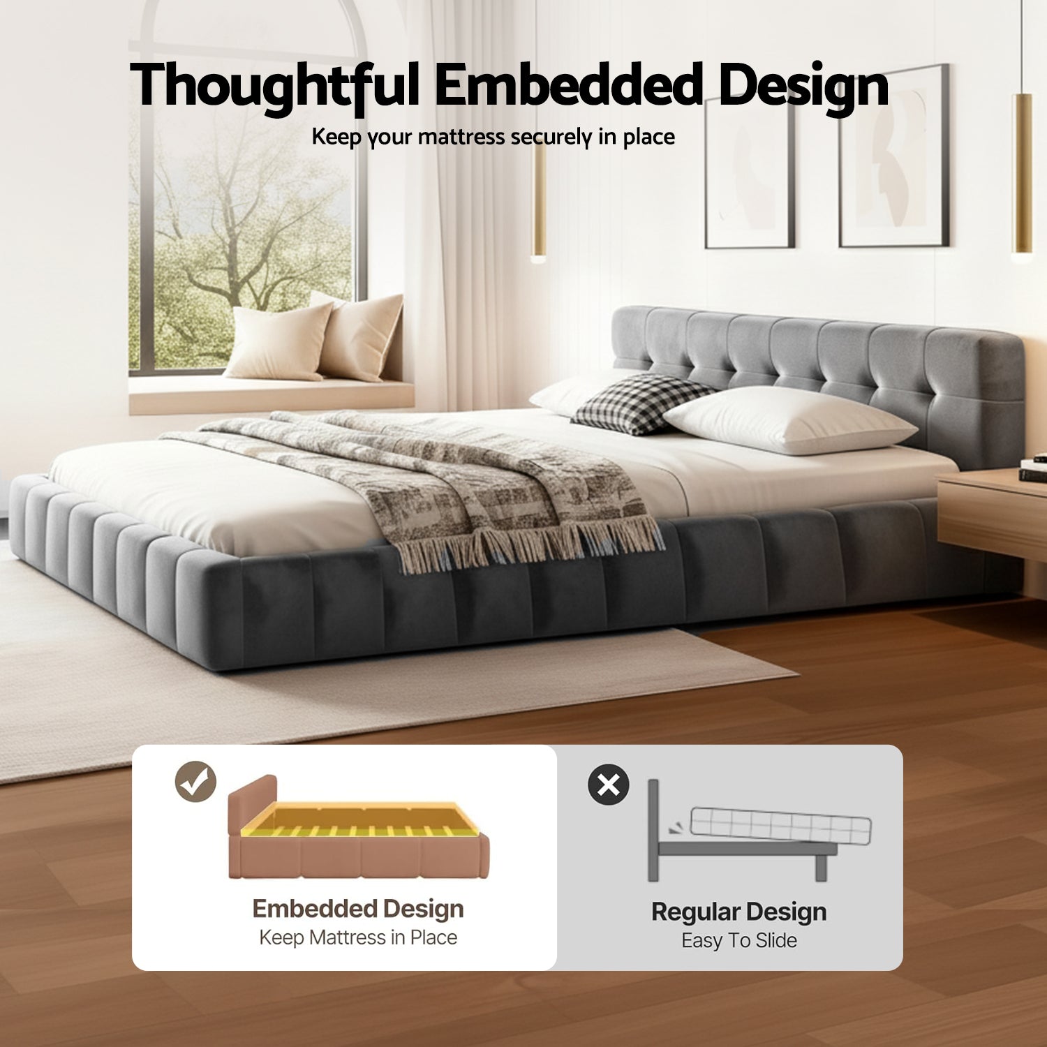 Artiss Queen Size Bed Frame Plush Soft Headboard Velvet Platform Base for Modern Bedrooms Grey BFRAME-F-HAVEN-Q-GY-AB
