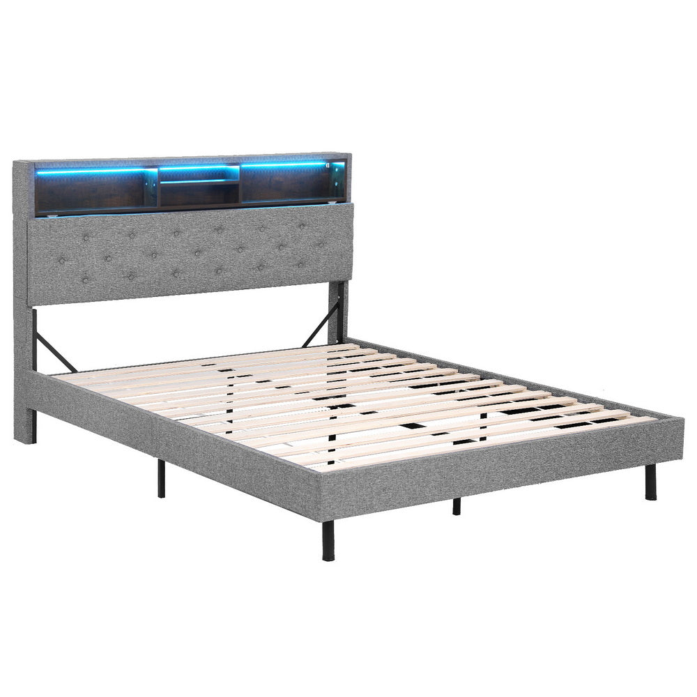 Artiss Bed Frame Double Size LED Mattress Base Platform with Storage Shelf Hidden Storage Box Grey BFRAME-F-MIDNIGHT-D-BK-ABC