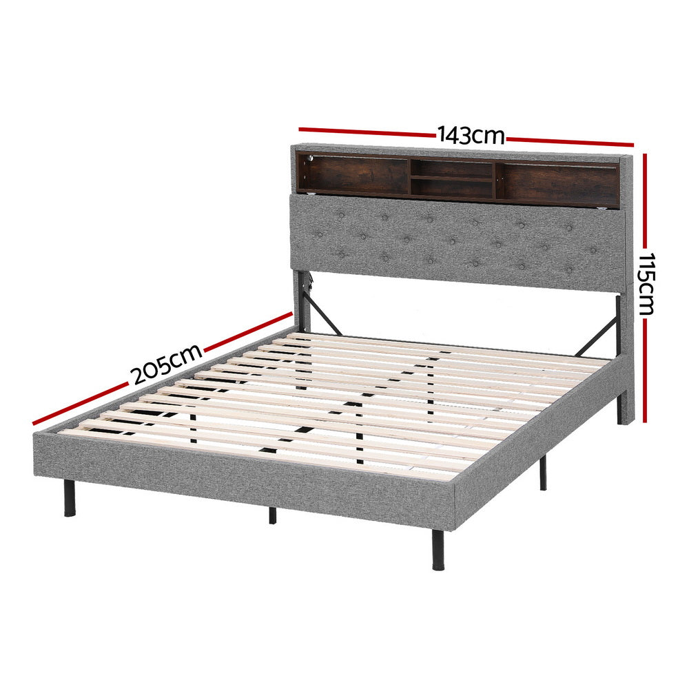 Artiss Bed Frame Double Size LED Mattress Base Platform with Storage Shelf Hidden Storage Box Grey BFRAME-F-MIDNIGHT-D-BK-ABC