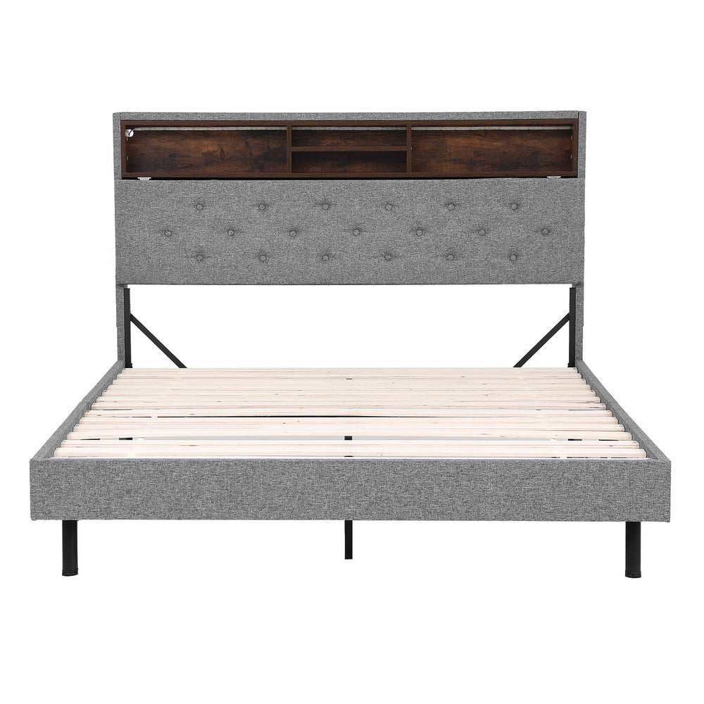 Artiss Bed Frame Double Size LED Mattress Base Platform with Storage Shelf Hidden Storage Box Grey BFRAME-F-MIDNIGHT-D-BK-ABC