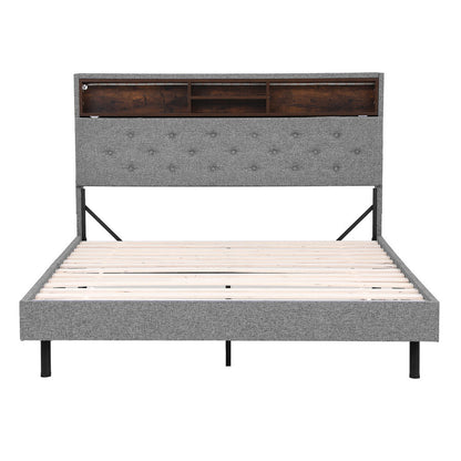 Artiss Bed Frame Double Size LED Mattress Base Platform with Storage Shelf Hidden Storage Box Grey BFRAME-F-MIDNIGHT-D-BK-ABC