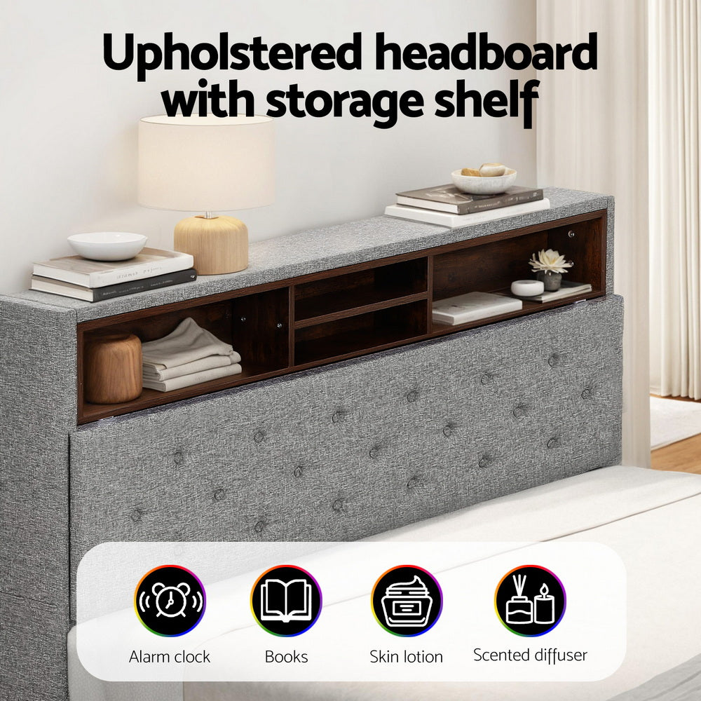 Artiss Bed Frame Double Size LED Mattress Base Platform with Storage Shelf Hidden Storage Box Grey BFRAME-F-MIDNIGHT-D-BK-ABC