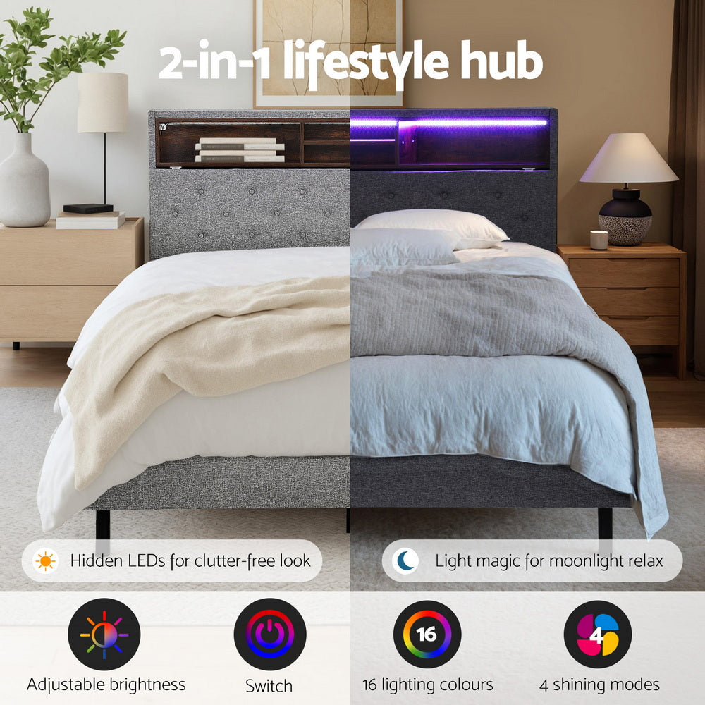 Artiss Bed Frame King Single Size LED Mattress Base Platform with Storage Shelf Hidden Storage Box Grey BFRAME-F-MIDNIGHT-KS-BK-ABC