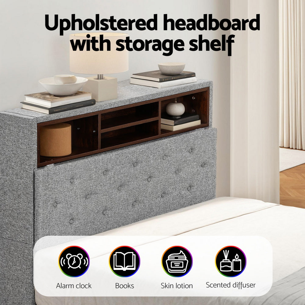 Artiss Bed Frame King Single Size LED Mattress Base Platform with Storage Shelf Hidden Storage Box Grey BFRAME-F-MIDNIGHT-KS-BK-ABC