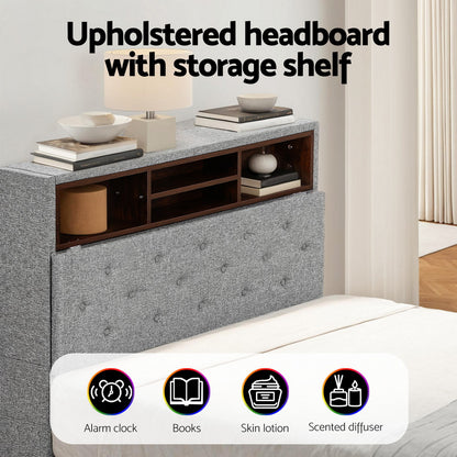 Artiss Bed Frame King Single Size LED Mattress Base Platform with Storage Shelf Hidden Storage Box Grey BFRAME-F-MIDNIGHT-KS-BK-ABC