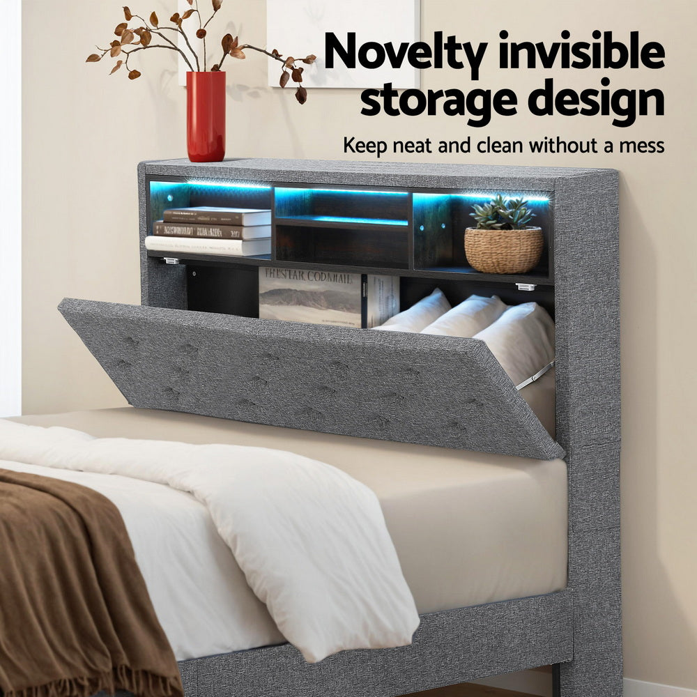 Artiss Bed Frame King Single Size LED Mattress Base Platform with Storage Shelf Hidden Storage Box Grey BFRAME-F-MIDNIGHT-KS-BK-ABC