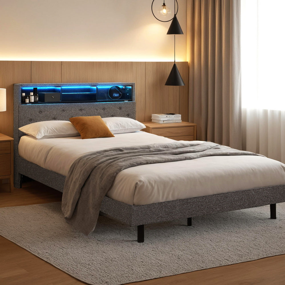 Artiss Bed Frame King Single Size LED Mattress Base Platform with Storage Shelf Hidden Storage Box Grey BFRAME-F-MIDNIGHT-KS-BK-ABC