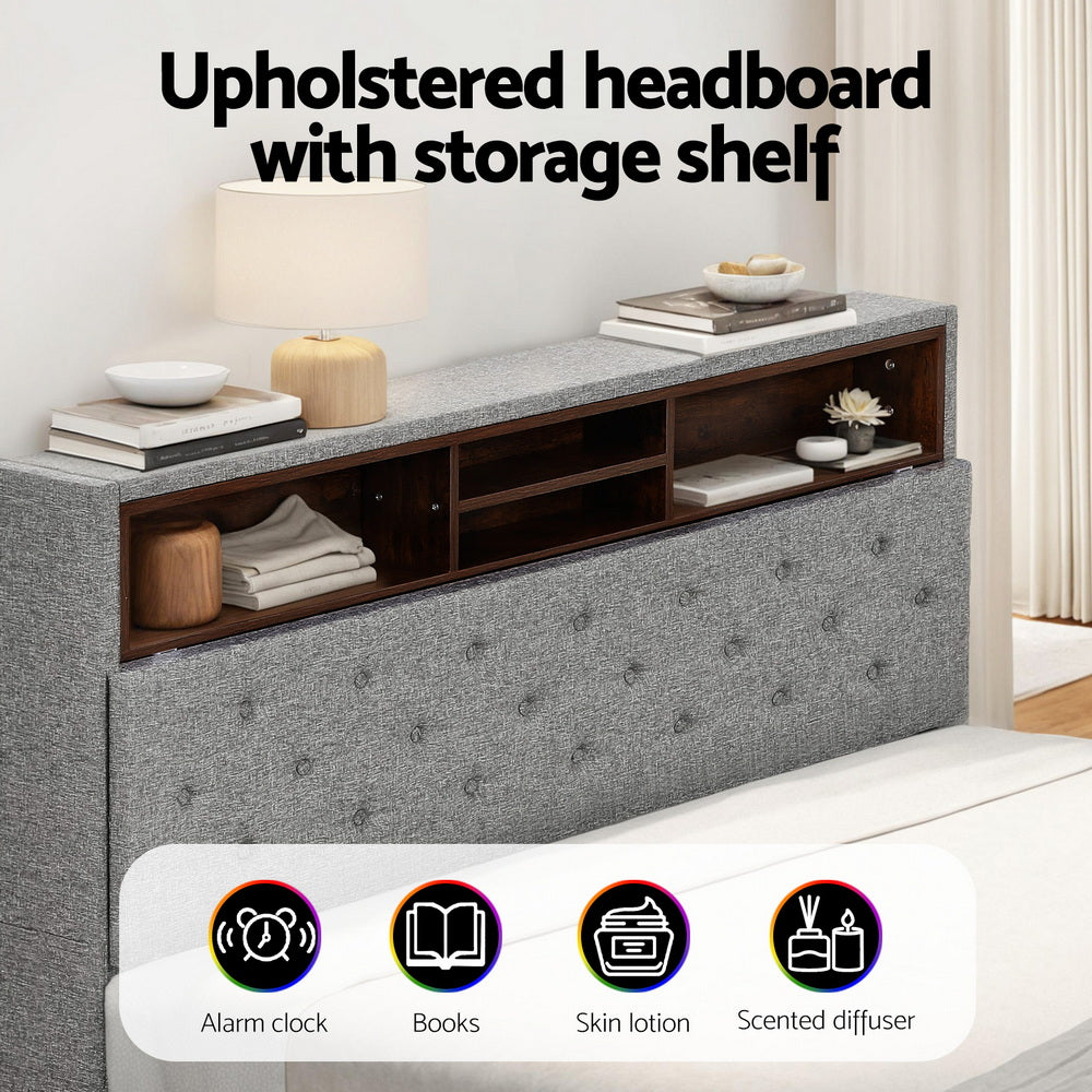 Artiss Bed Frame Queen Size LED Mattress Base Platform with Storage Shelf Hidden Storage Box Grey BFRAME-F-MIDNIGHT-Q-BK-ABC