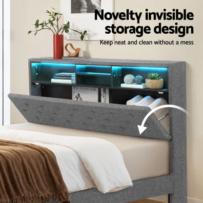 Artiss Bed Frame Queen Size LED Mattress Base Platform with Storage Shelf Hidden Storage Box Grey BFRAME-F-MIDNIGHT-Q-BK-ABC