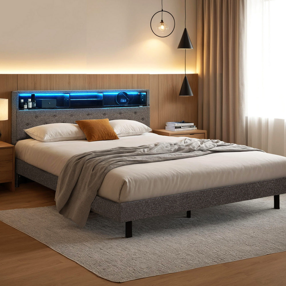 Artiss Bed Frame Queen Size LED Mattress Base Platform with Storage Shelf Hidden Storage Box Grey BFRAME-F-MIDNIGHT-Q-BK-ABC