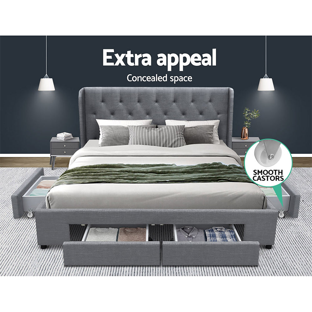 Artiss Bed Frame Queen Size with 4 Drawers Grey MILA BFRAME-F-MILA-Q-GY-ABC