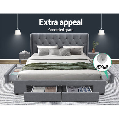 Artiss Bed Frame Queen Size with 4 Drawers Grey MILA BFRAME-F-MILA-Q-GY-ABC