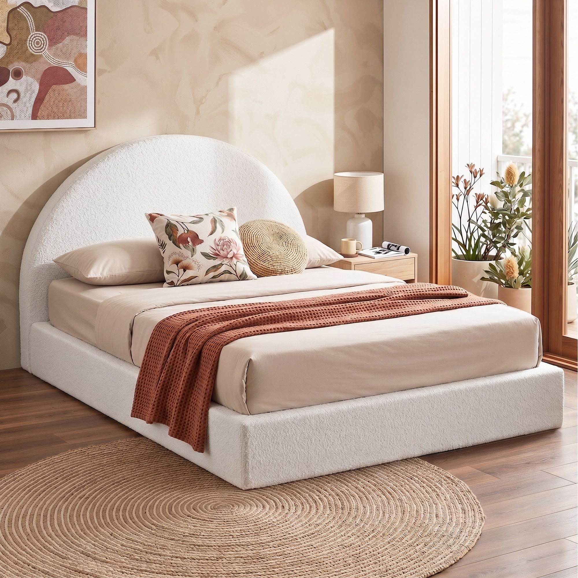 Artiss NOVA Queen No-Assembly Boucle Bed Frame – Cream White