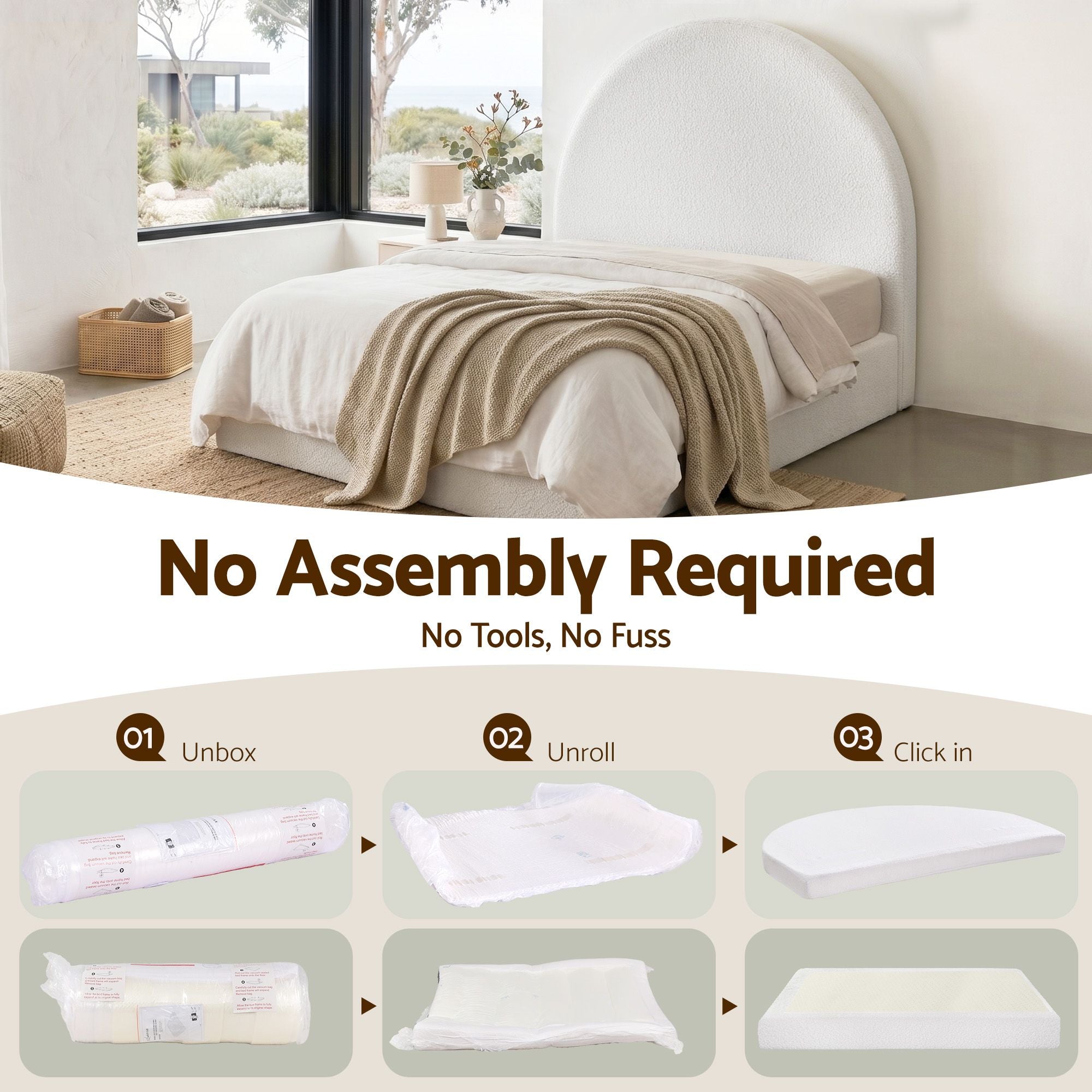 Artiss NOVA Queen No-Assembly Boucle Bed Frame – Cream White