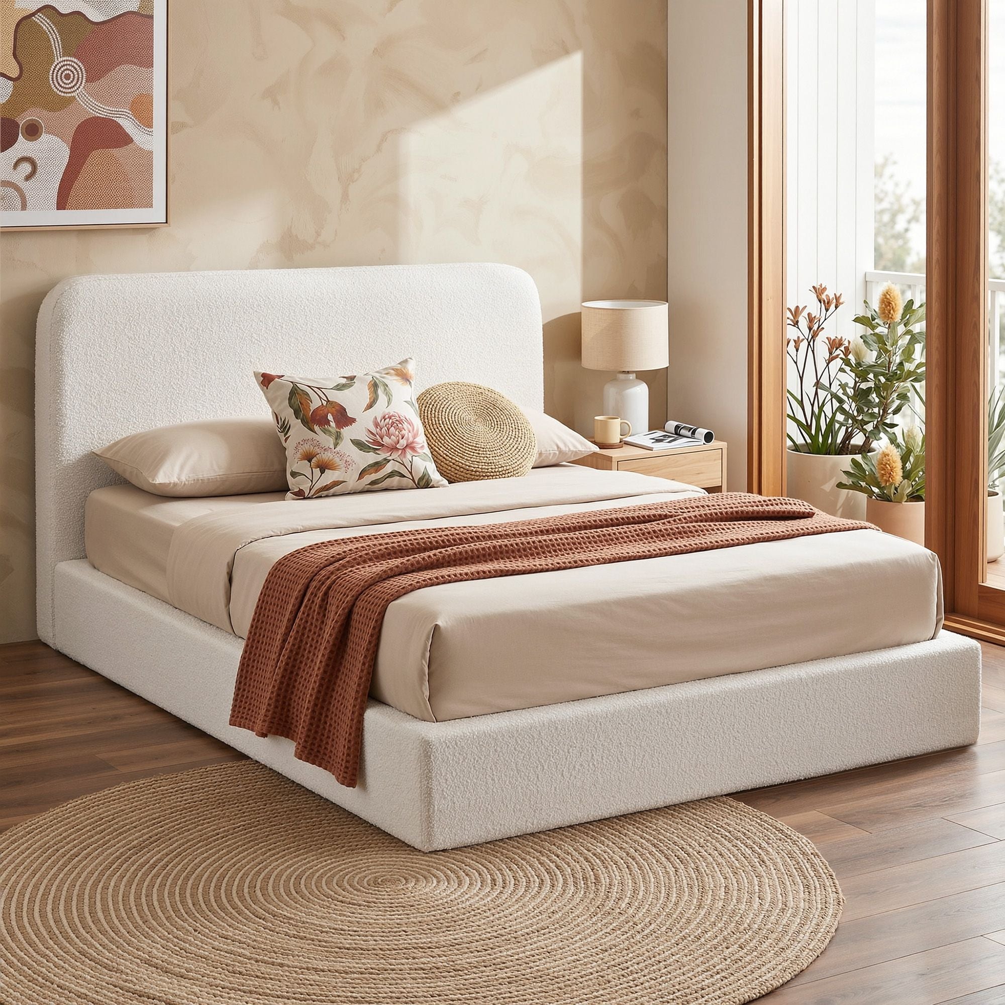 Artiss Queen Bed Frame Boucle Fabric Vacuum Compressed Beds Washable Cover No-Assembly BFRAME-FOAM-SOLIS-Q-WH