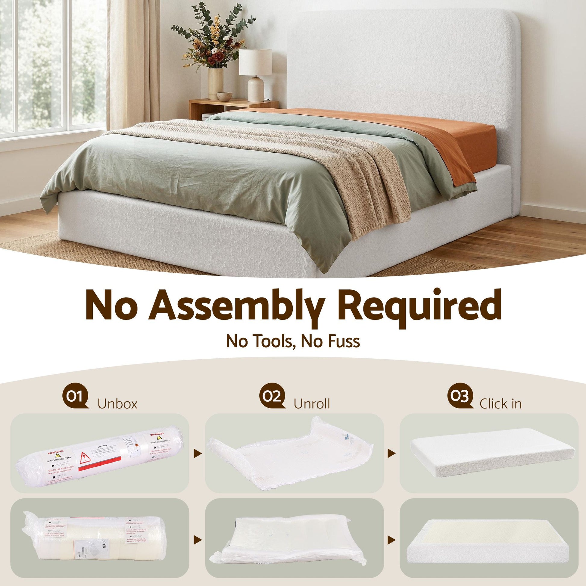 Artiss Queen Bed Frame Boucle Fabric Vacuum Compressed Beds Washable Cover No-Assembly BFRAME-FOAM-SOLIS-Q-WH