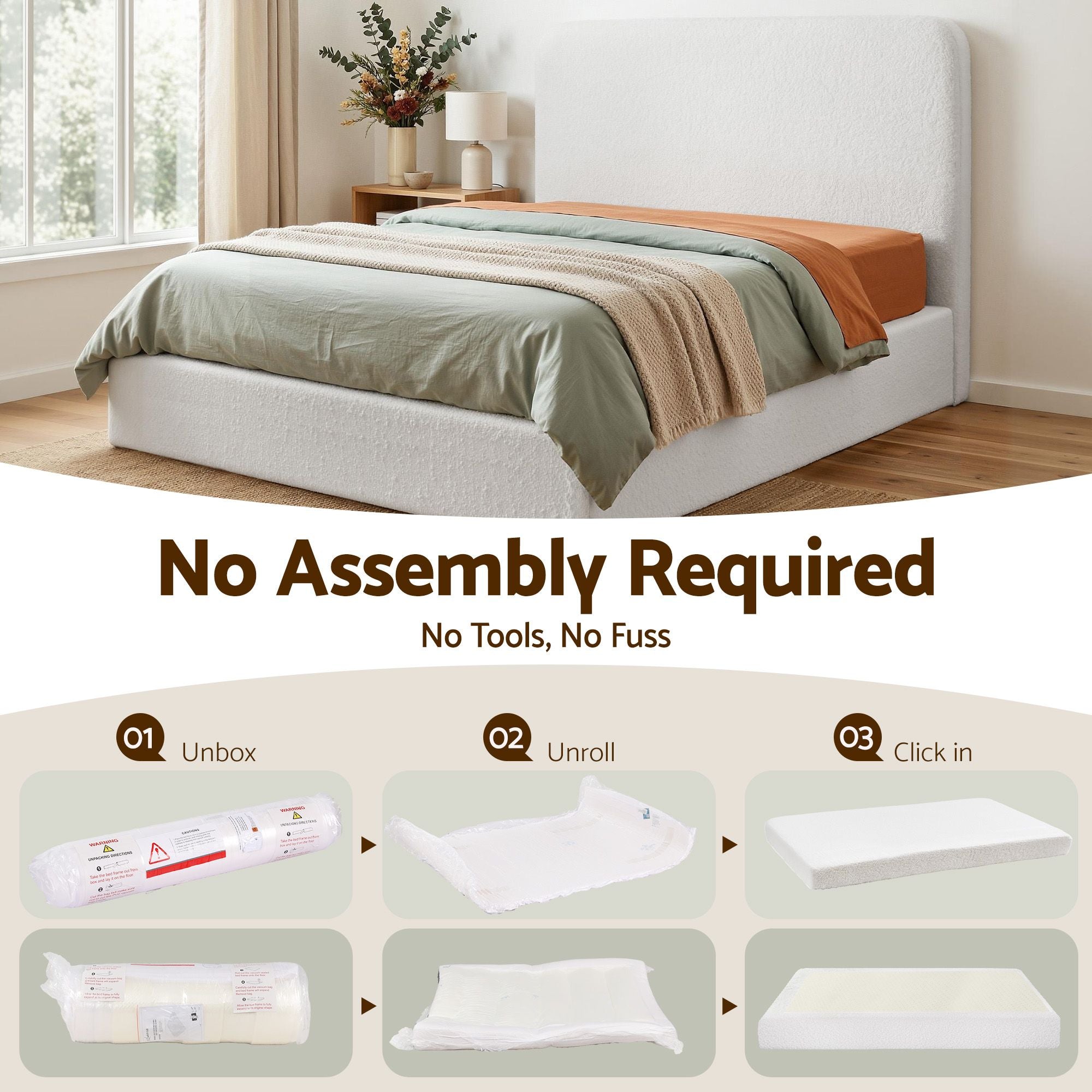 Artiss Queen Bed Frame Boucle Fabric Vacuum Compressed Beds Washable Cover No-Assembly BFRAME-FOAM-SOLIS-Q-WH