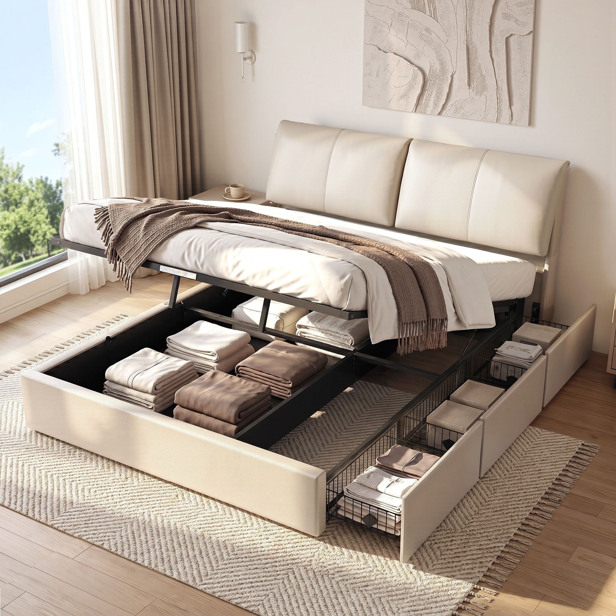 Artiss APEX King Gas Lift Storage Bed Frame – Beige