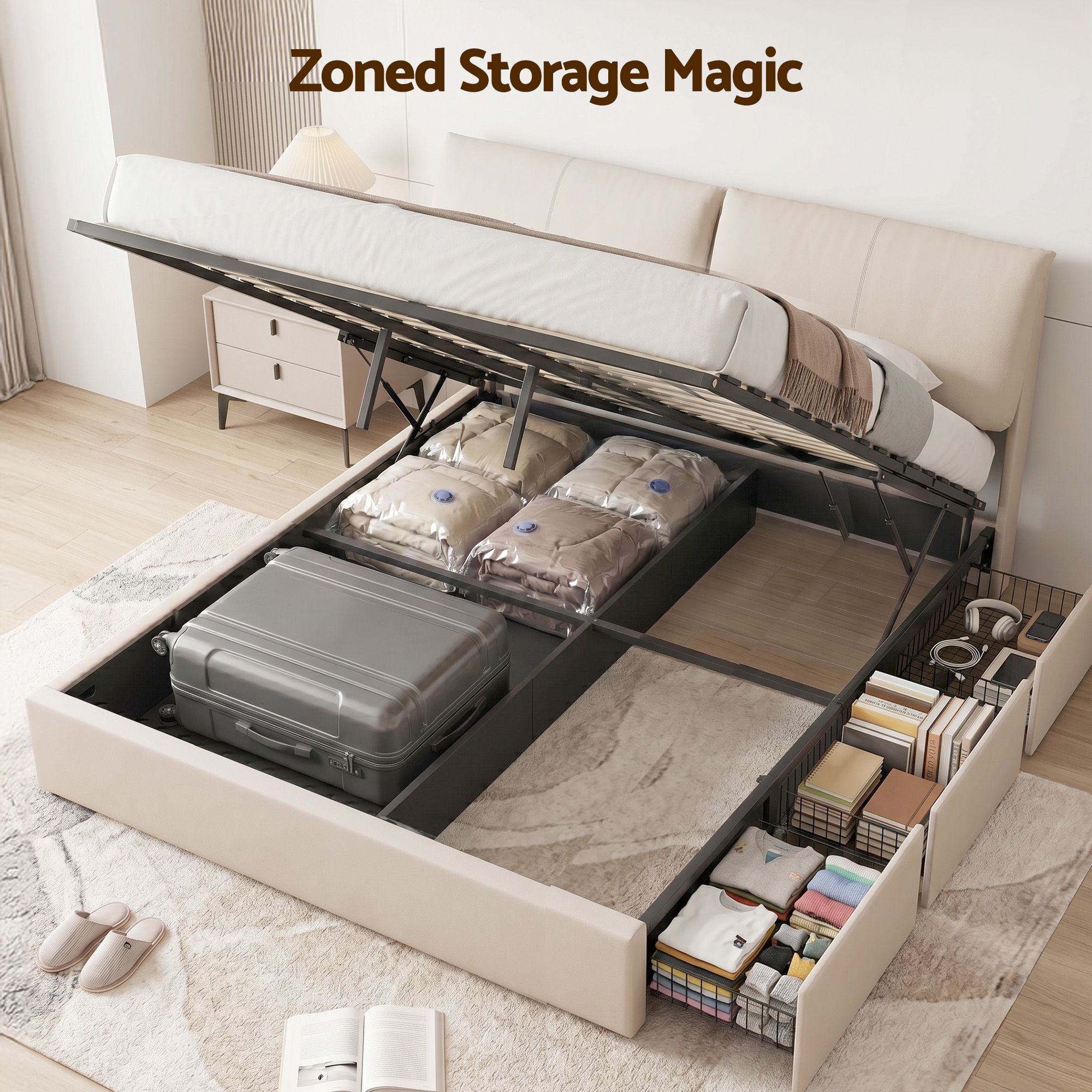 Artiss APEX King Gas Lift Storage Bed Frame – Beige