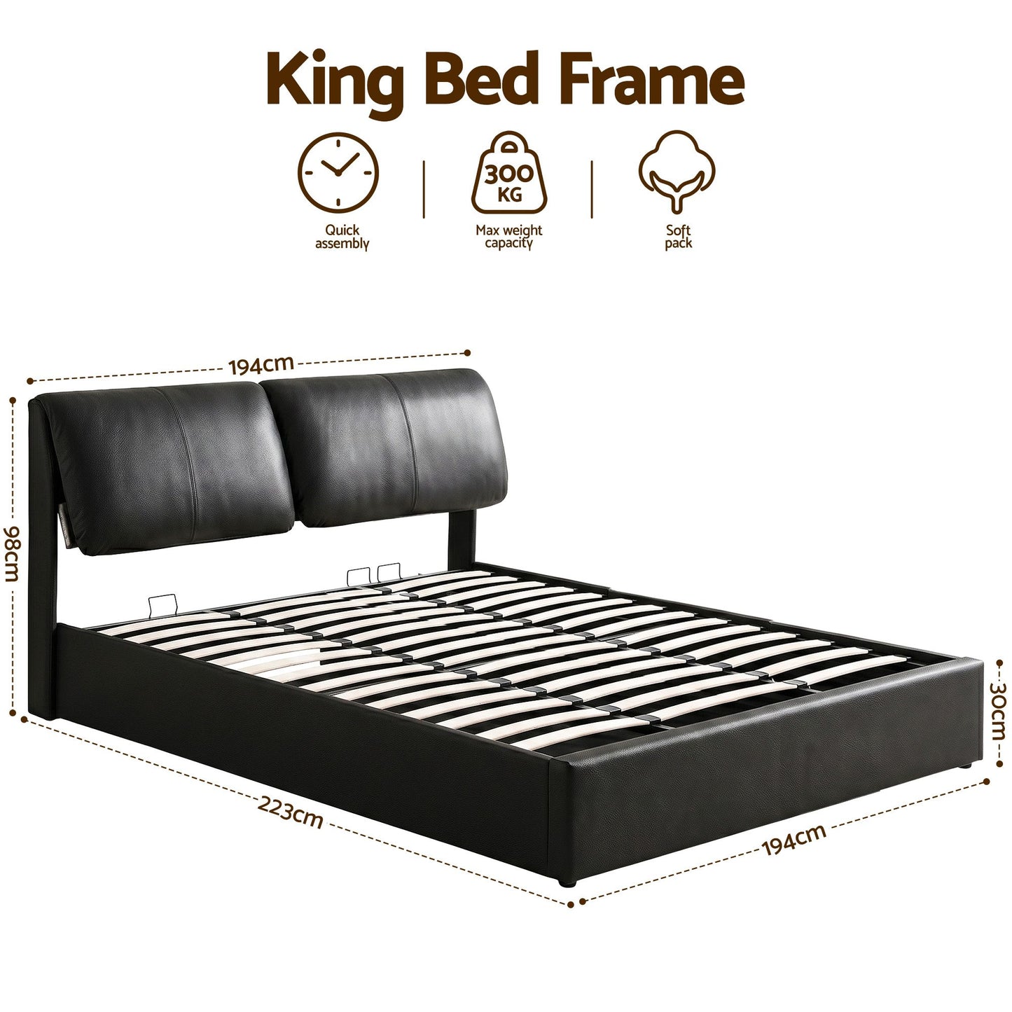 Artiss King Bed Frame Gas Lift Storage 3 Drawers Adjustable Headboard Platform Bed Black BFRAME-G-APEX-K-BK-ABC