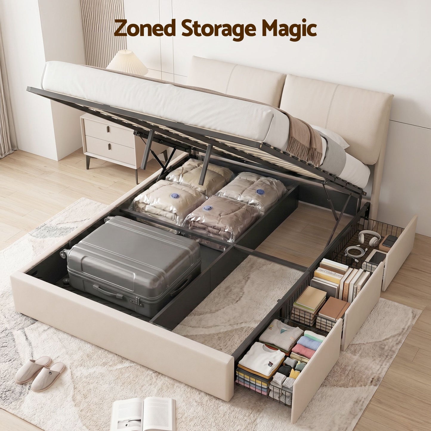 Artiss Queen Bed Frame Gas Lift Storage 3 Drawers Adjustable Headboard Platform Base BFRAME-G-APEX-Q-BG-ABC