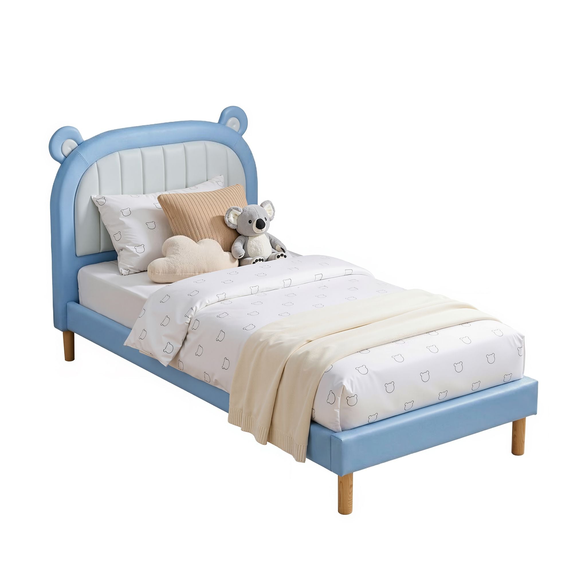 Artiss Kids King Single Bed Frame Upholstered Bear Headboard Waterproof Leather Boys Bed 180kg Capacity Blue BFRAME-G-BEAR-KS-BU-AB