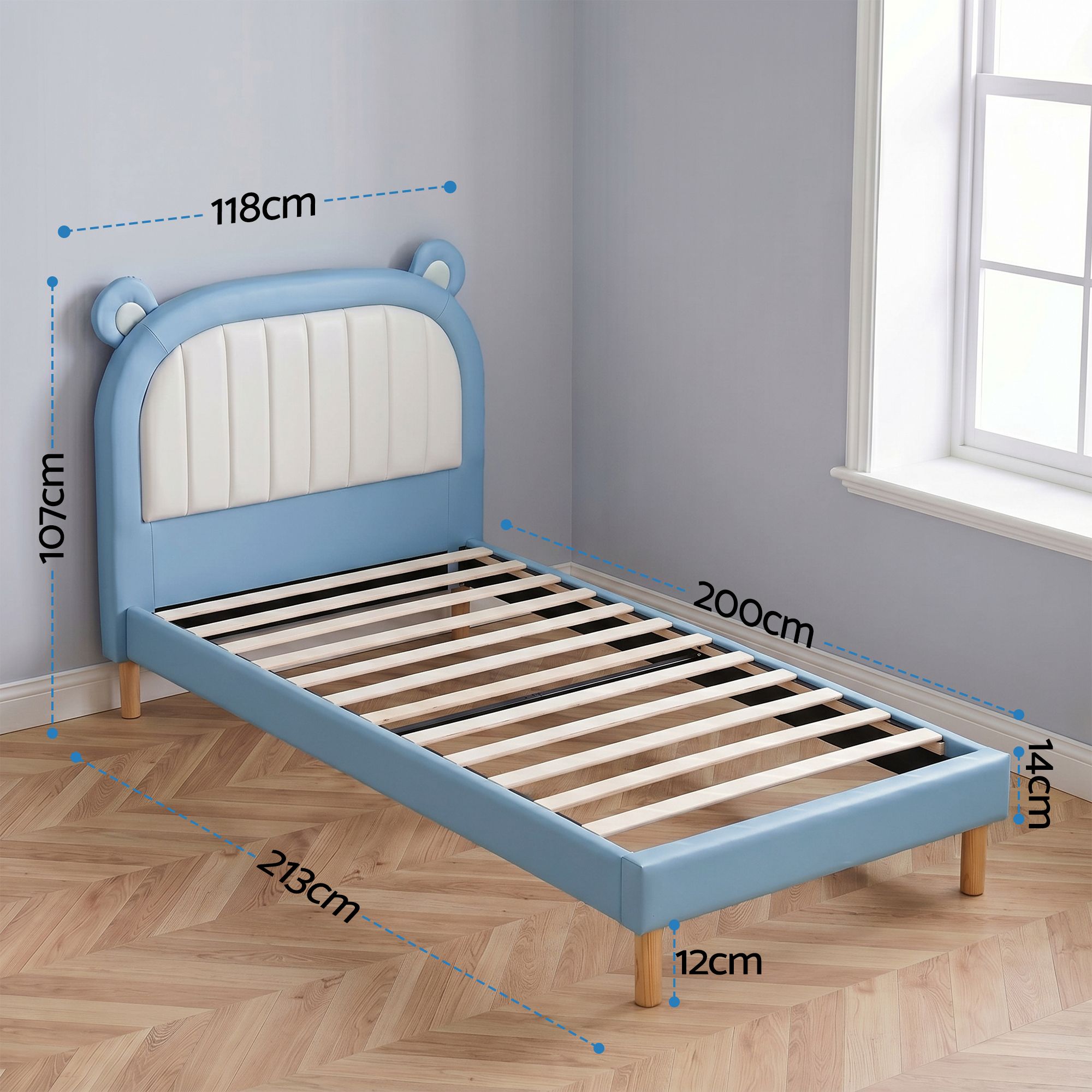 Artiss Kids King Single Bed Frame Upholstered Bear Headboard Waterproof Leather Boys Bed 180kg Capacity Blue BFRAME-G-BEAR-KS-BU-AB